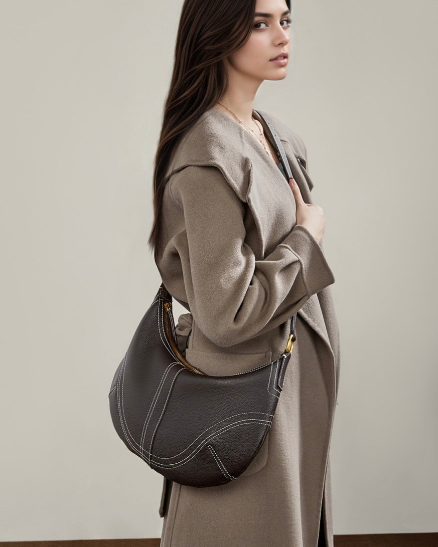 Women's Full-Grain Cowhide Half-Moon Hobo with Contrast Stitching