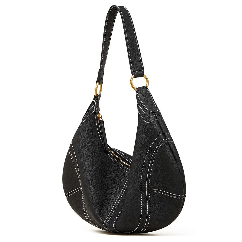 Women's Full-Grain Cowhide Half-Moon Hobo with Contrast Stitching