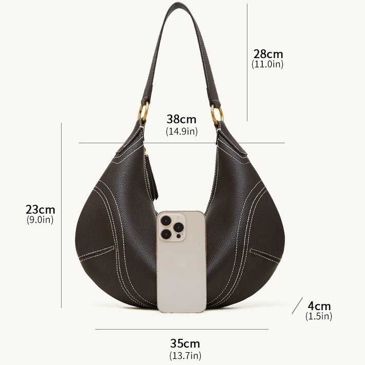 Women's Full-Grain Cowhide Half-Moon Hobo with Contrast Stitching