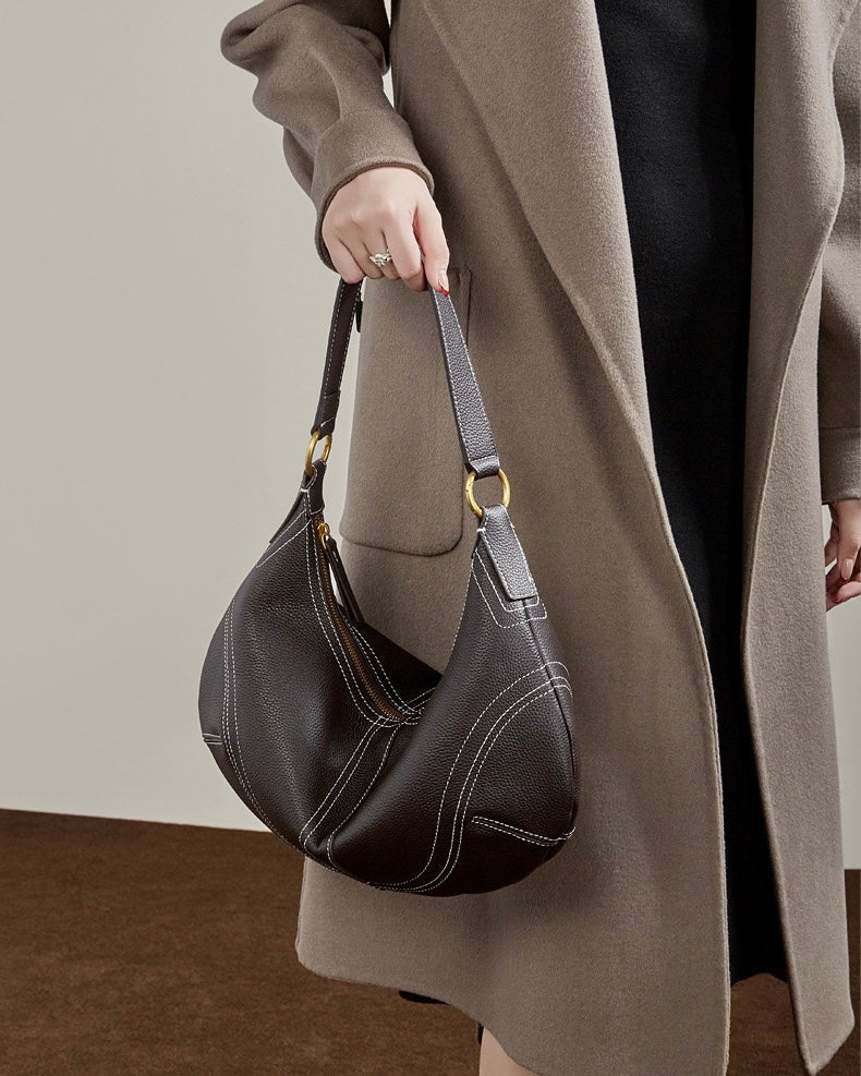 Women's Full-Grain Cowhide Half-Moon Hobo with Contrast Stitching