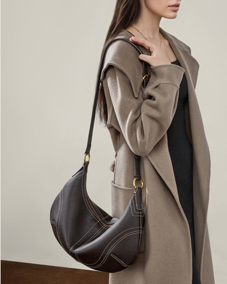 Women's Full-Grain Cowhide Half-Moon Hobo with Contrast Stitching