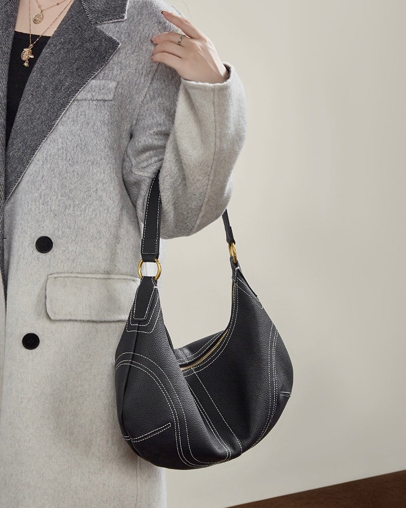 Women's Full-Grain Cowhide Half-Moon Hobo with Contrast Stitching