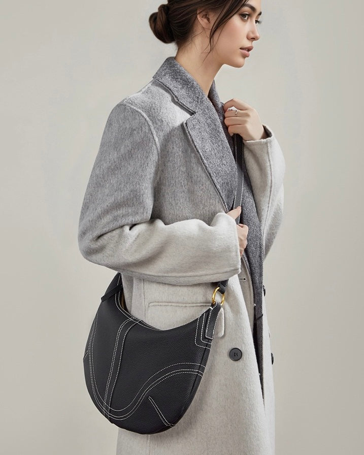 Women's Full-Grain Cowhide Half-Moon Hobo with Contrast Stitching