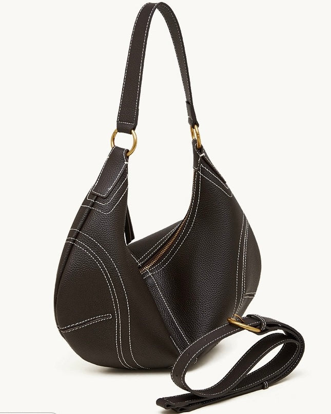 Women's Full-Grain Cowhide Half-Moon Hobo with Contrast Stitching