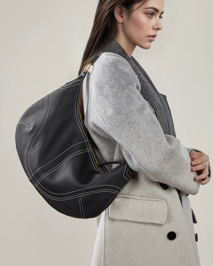Women's Full-Grain Cowhide Half-Moon Hobo with Contrast Stitching