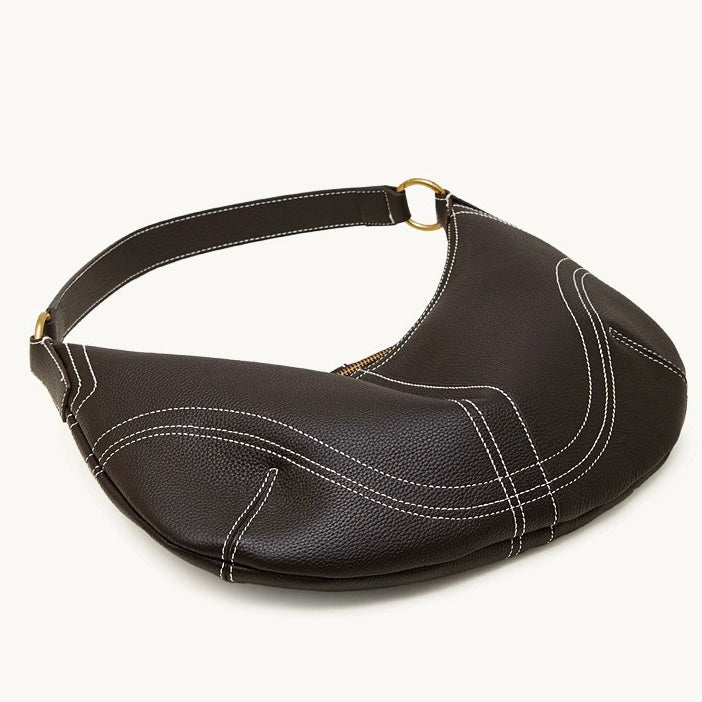 Women's Full-Grain Cowhide Half-Moon Hobo with Contrast Stitching