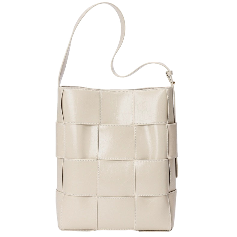 Women's Genuine Leather Woven Large Bucket Shoulder Bag