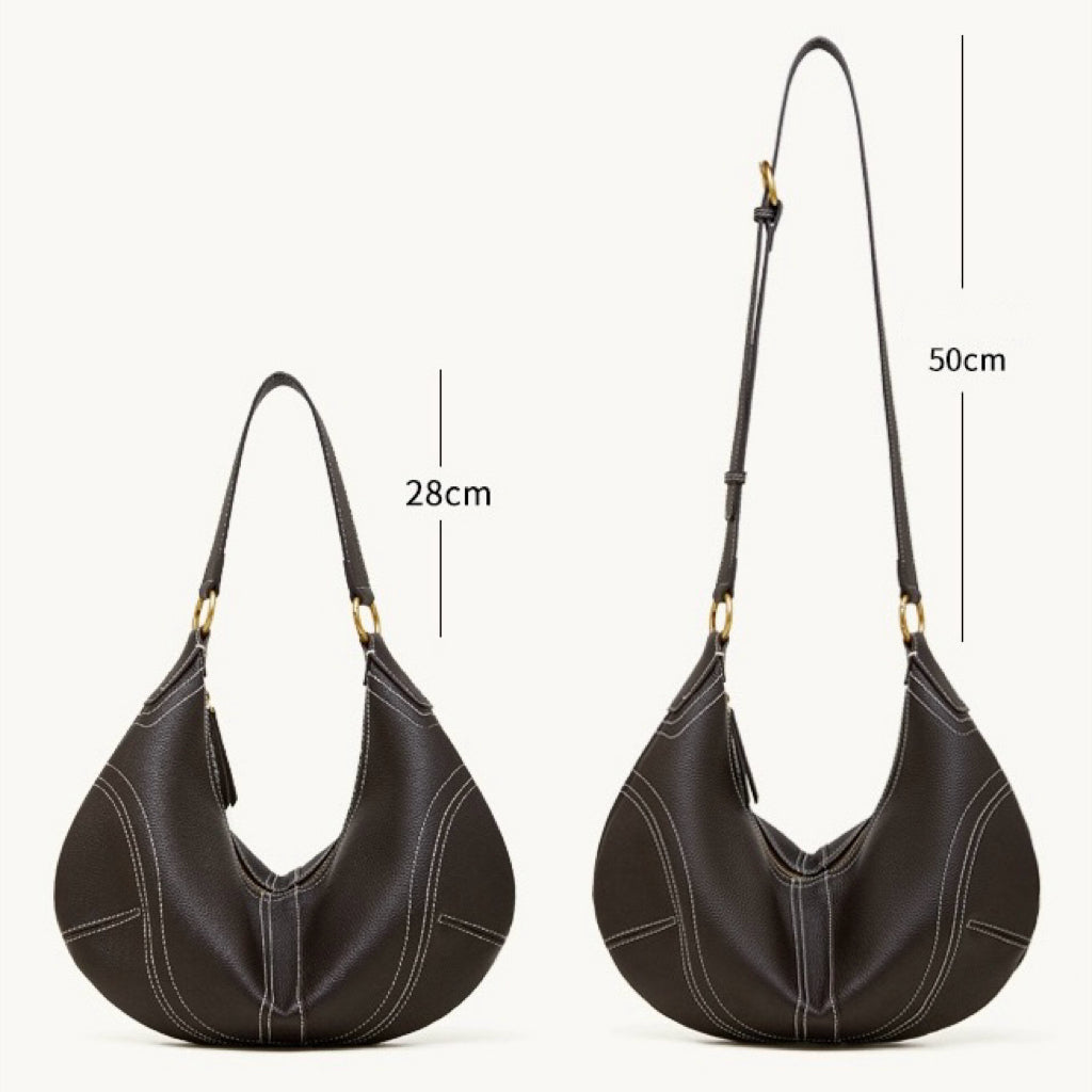 Women's Full-Grain Cowhide Half-Moon Hobo with Contrast Stitching