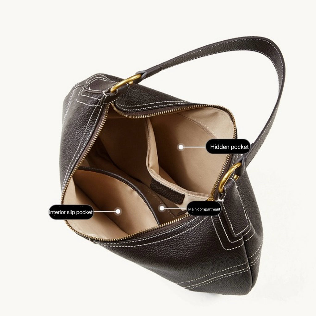 Women's Full-Grain Cowhide Half-Moon Hobo with Contrast Stitching