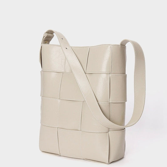 Women's Genuine Leather Woven Large Bucket Shoulder Bag