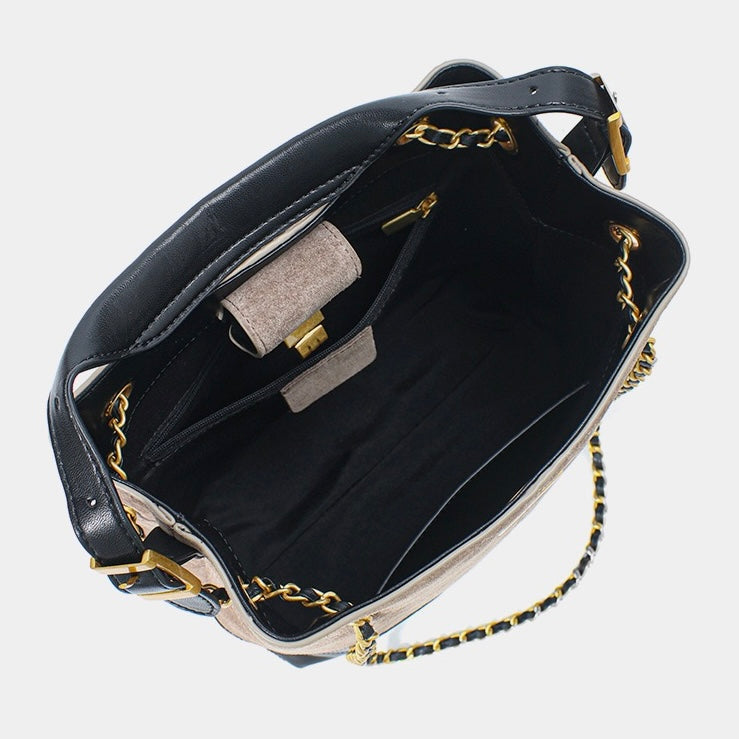 Women's Genuine Leather Suede Colorblock Chain Bucket Bag