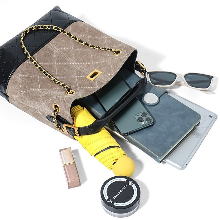 Women's Genuine Leather Suede Colorblock Chain Bucket Bag
