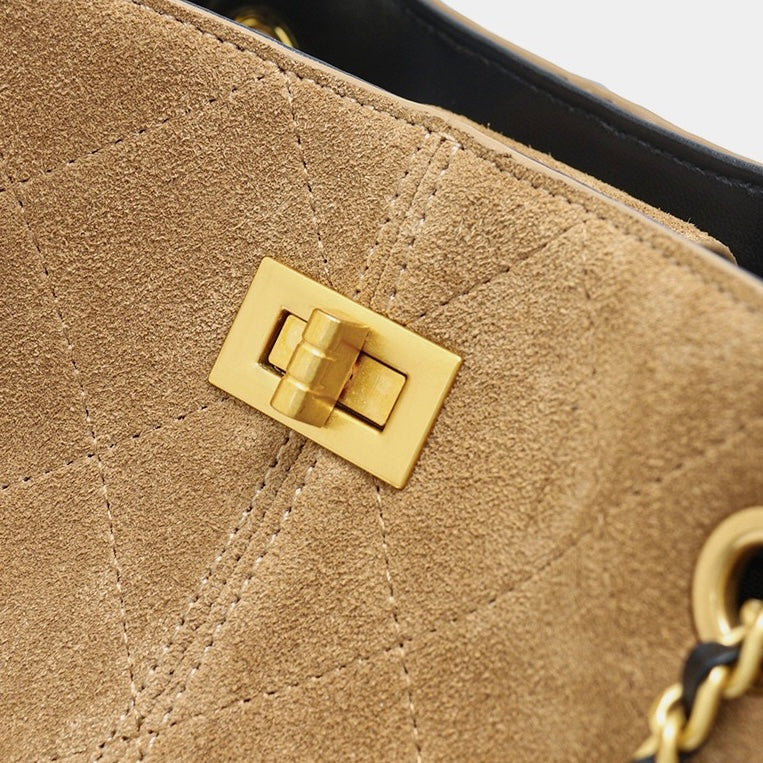 Women's Genuine Leather Suede Colorblock Chain Bucket Bag