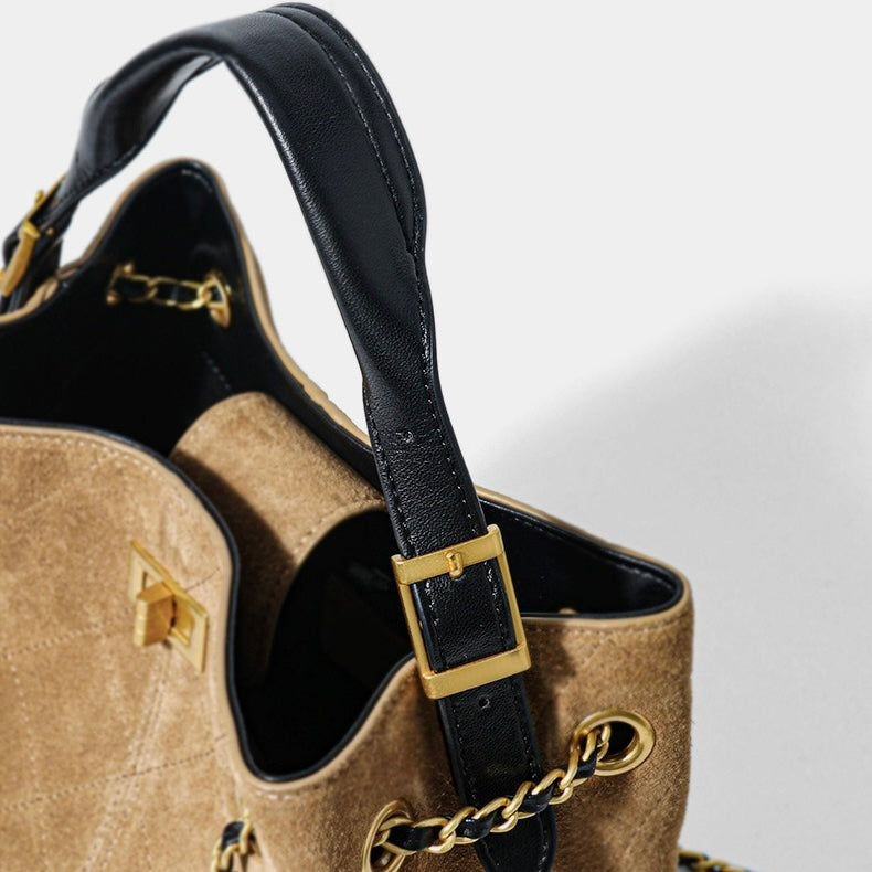 Women's Genuine Leather Suede Colorblock Chain Bucket Bag