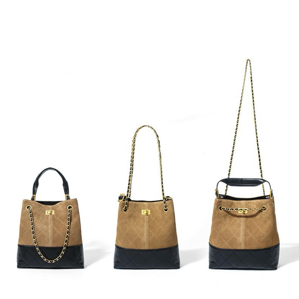 Women's Genuine Leather Suede Colorblock Chain Bucket Bag