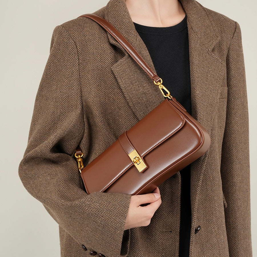 Women's Genuine Leather Vintage Baguette Crossbody Shoulder Bag with Flap Design