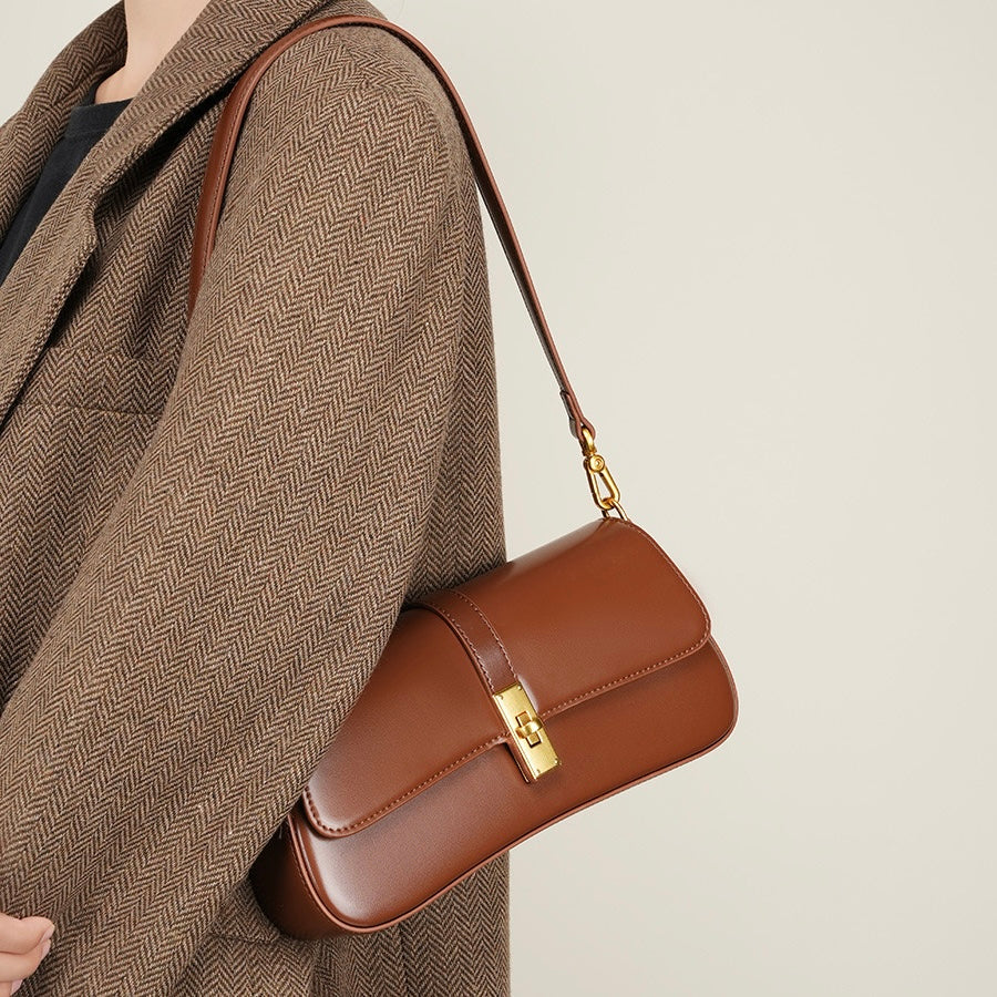 Women's Genuine Leather Vintage Baguette Crossbody Shoulder Bag with Flap Design
