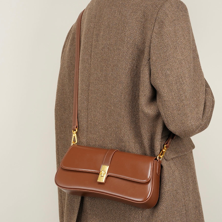 Women's Genuine Leather Vintage Baguette Crossbody Shoulder Bag with Flap Design