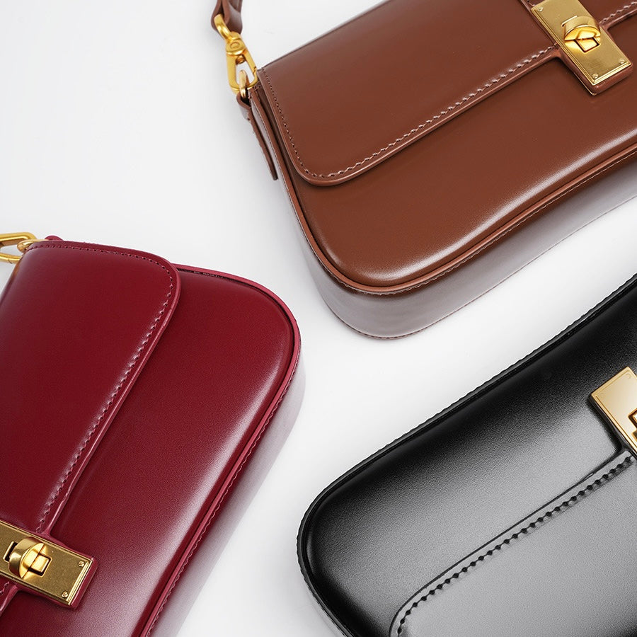 Women's Genuine Leather Vintage Baguette Crossbody Shoulder Bag with Flap Design