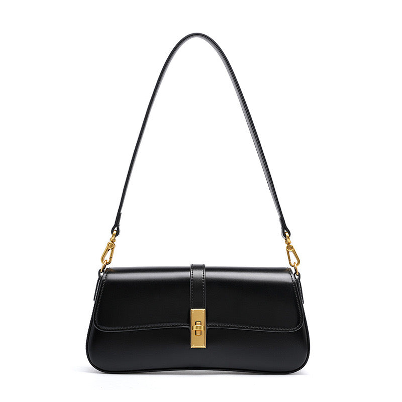Women's Genuine Leather Vintage Baguette Crossbody Shoulder Bag with Flap Design