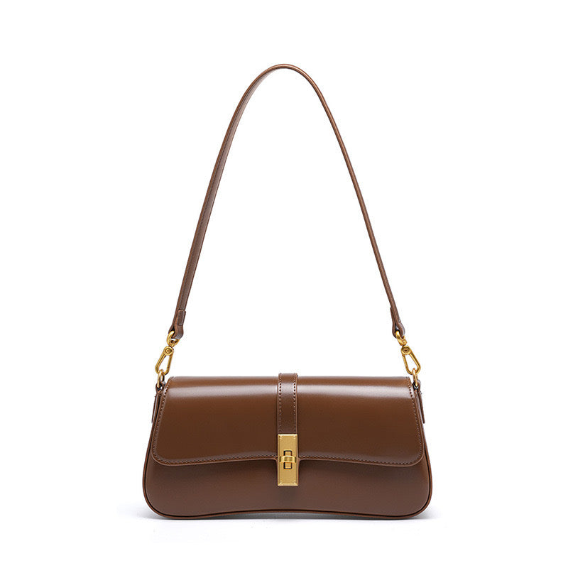 Women's Genuine Leather Vintage Baguette Crossbody Shoulder Bag with Flap Design