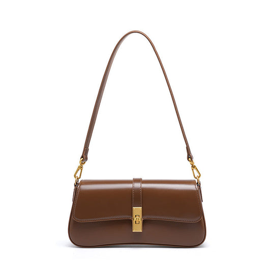 Women's Genuine Leather Vintage Baguette Crossbody Shoulder Bag with Flap Design