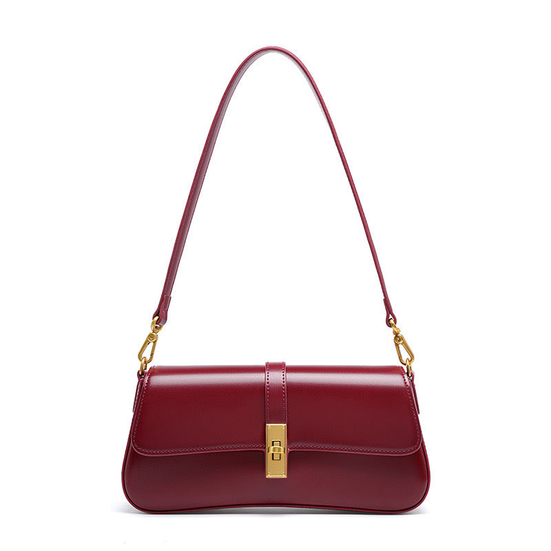 Women's Genuine Leather Vintage Baguette Crossbody Shoulder Bag with Flap Design