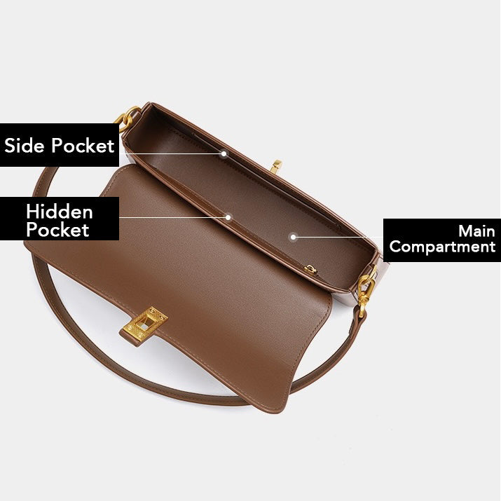 Women's Genuine Leather Vintage Baguette Crossbody Shoulder Bag with Flap Design