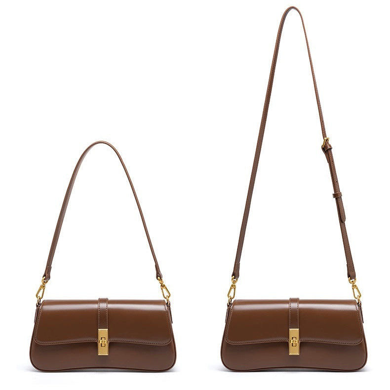 Women's Genuine Leather Vintage Baguette Crossbody Shoulder Bag with Flap Design