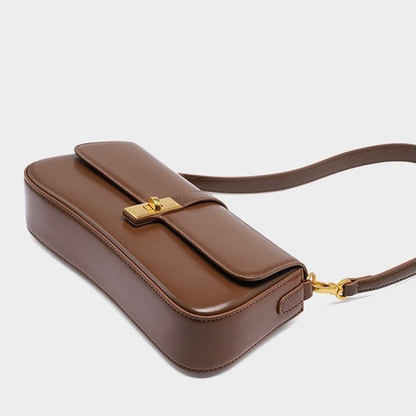 Women's Genuine Leather Vintage Baguette Crossbody Shoulder Bag with Flap Design