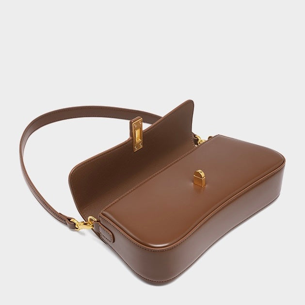 Women's Genuine Leather Vintage Baguette Crossbody Shoulder Bag with Flap Design