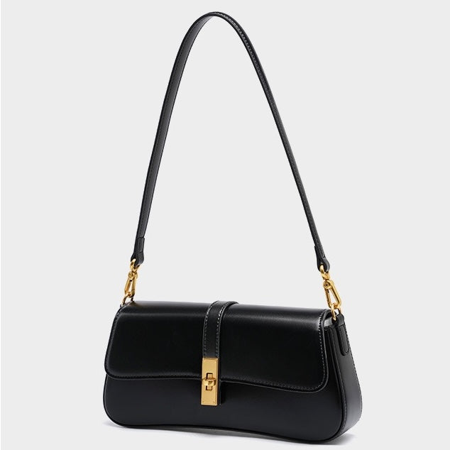 Women's Genuine Leather Vintage Baguette Crossbody Shoulder Bag with Flap Design