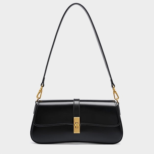 Women's Genuine Leather Vintage Baguette Crossbody Shoulder Bag with Flap Design