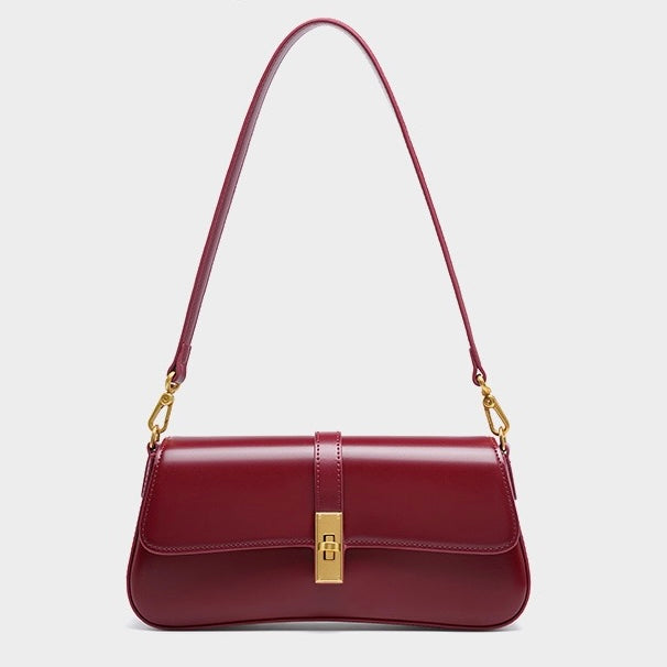 Women's Genuine Leather Vintage Baguette Crossbody Shoulder Bag with Flap Design