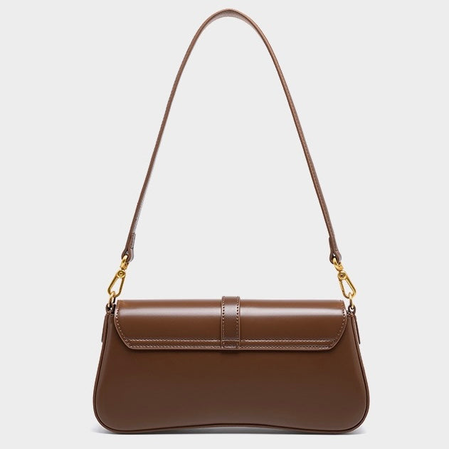 Women's Genuine Leather Vintage Baguette Crossbody Shoulder Bag with Flap Design