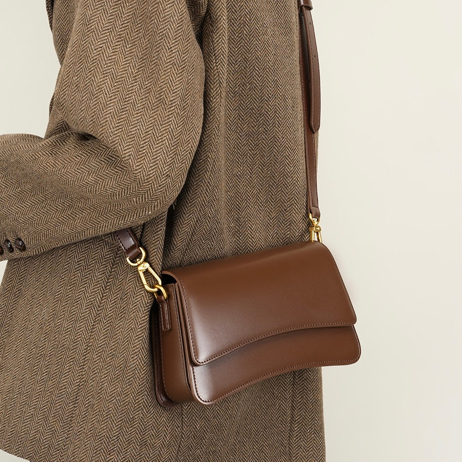 Women's Genuine Leather Multifunctional Baguette Shoulder Bag with Flap Design