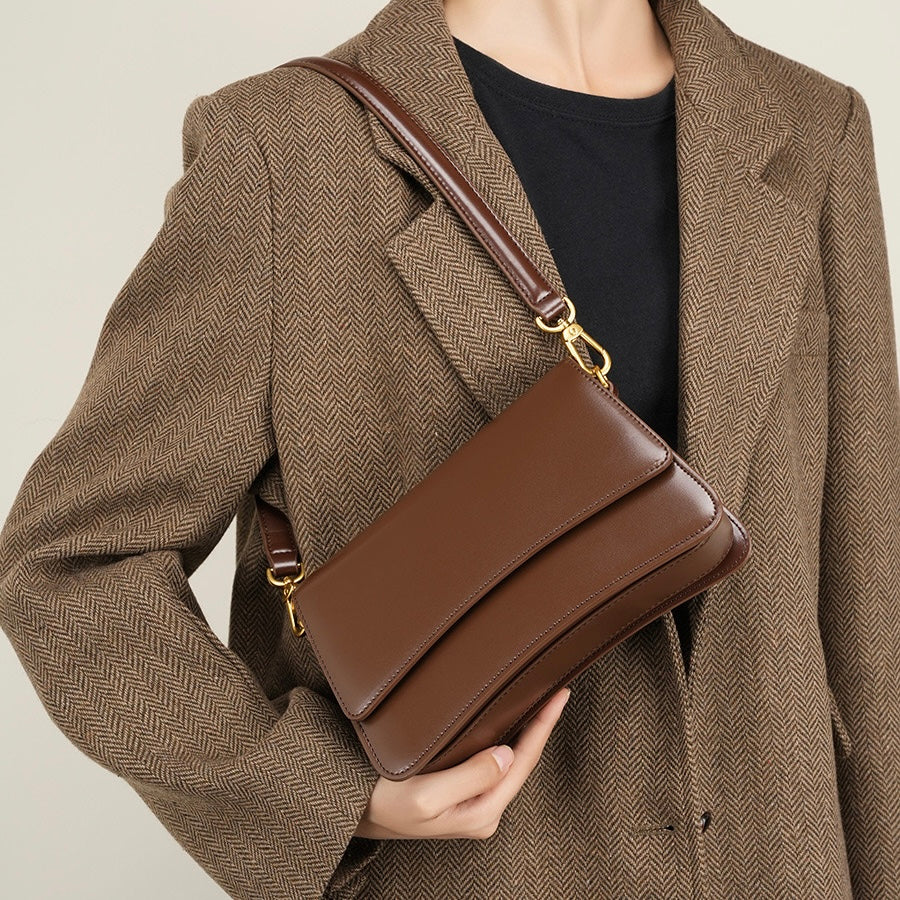 Women's Genuine Leather Multifunctional Baguette Shoulder Bag with Flap Design