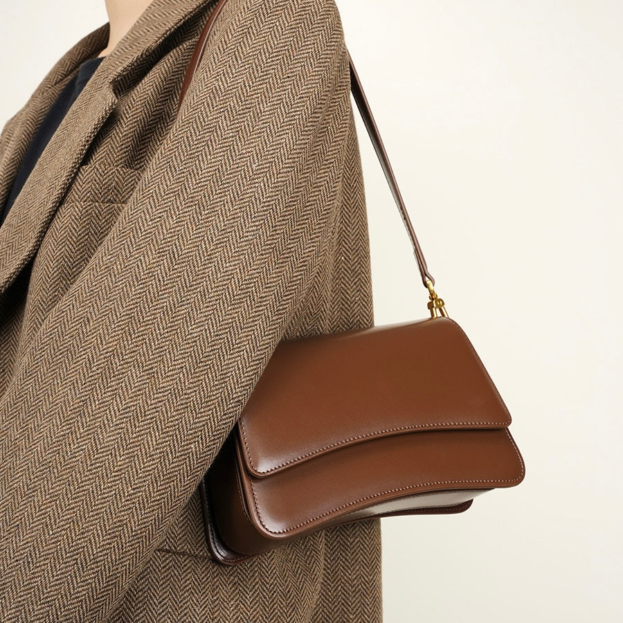 Women's Genuine Leather Multifunctional Baguette Shoulder Bag with Flap Design
