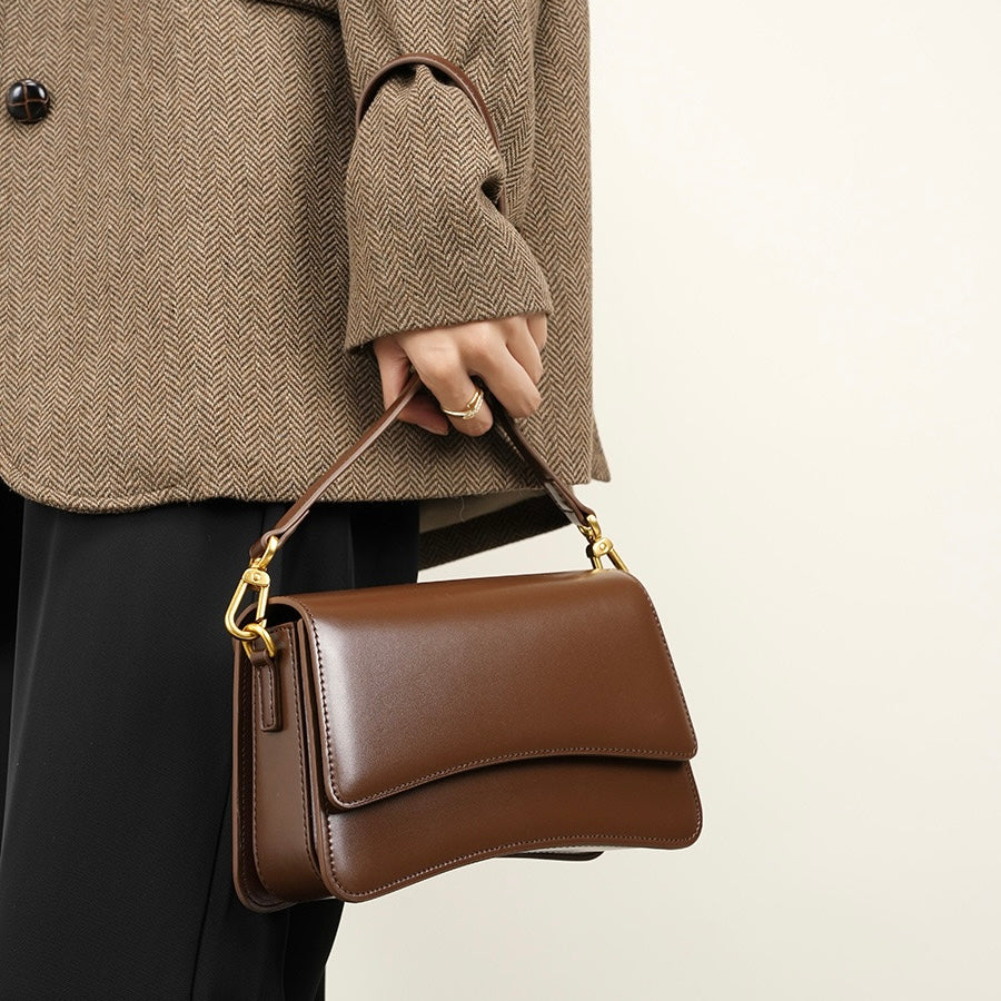 Women's Genuine Leather Multifunctional Baguette Shoulder Bag with Flap Design