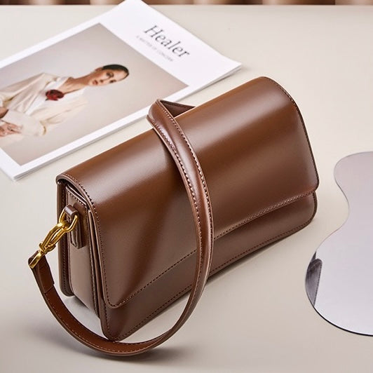Women's Genuine Leather Multifunctional Baguette Shoulder Bag with Flap Design