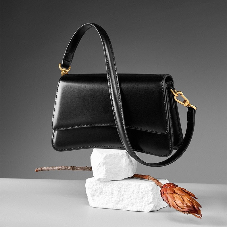 Women's Genuine Leather Multifunctional Baguette Shoulder Bag with Flap Design