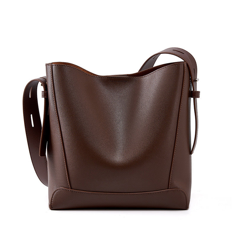 Women's Genuine Leather Oversized Bucket Bag with Adjustable Crossbody Strap