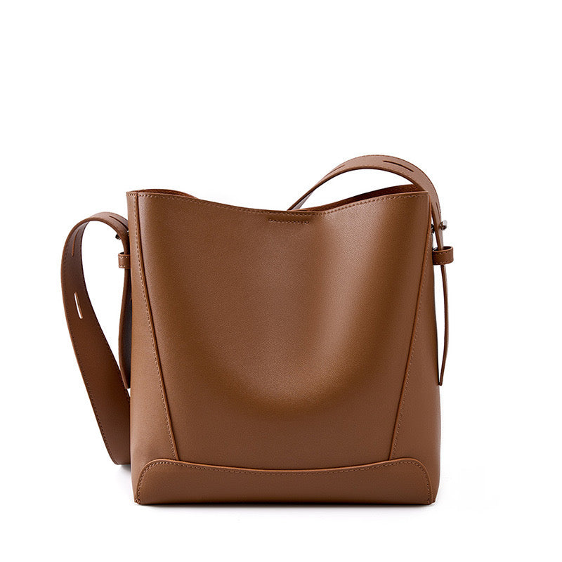 Women's Genuine Leather Oversized Bucket Bag with Adjustable Crossbody Strap