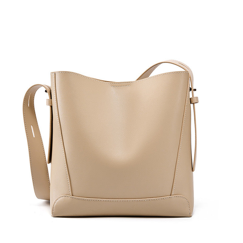 Women's Genuine Leather Oversized Bucket Bag with Adjustable Crossbody Strap