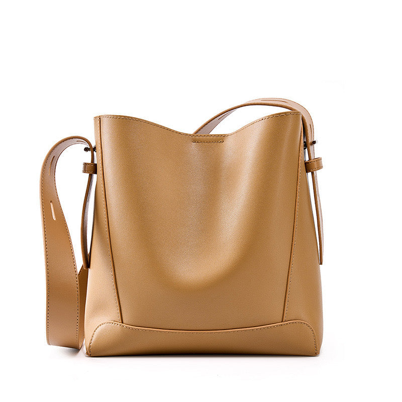 Women's Genuine Leather Oversized Bucket Bag with Adjustable Crossbody Strap