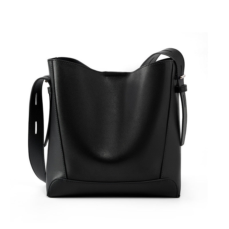 Women's Genuine Leather Oversized Bucket Bag with Adjustable Crossbody Strap