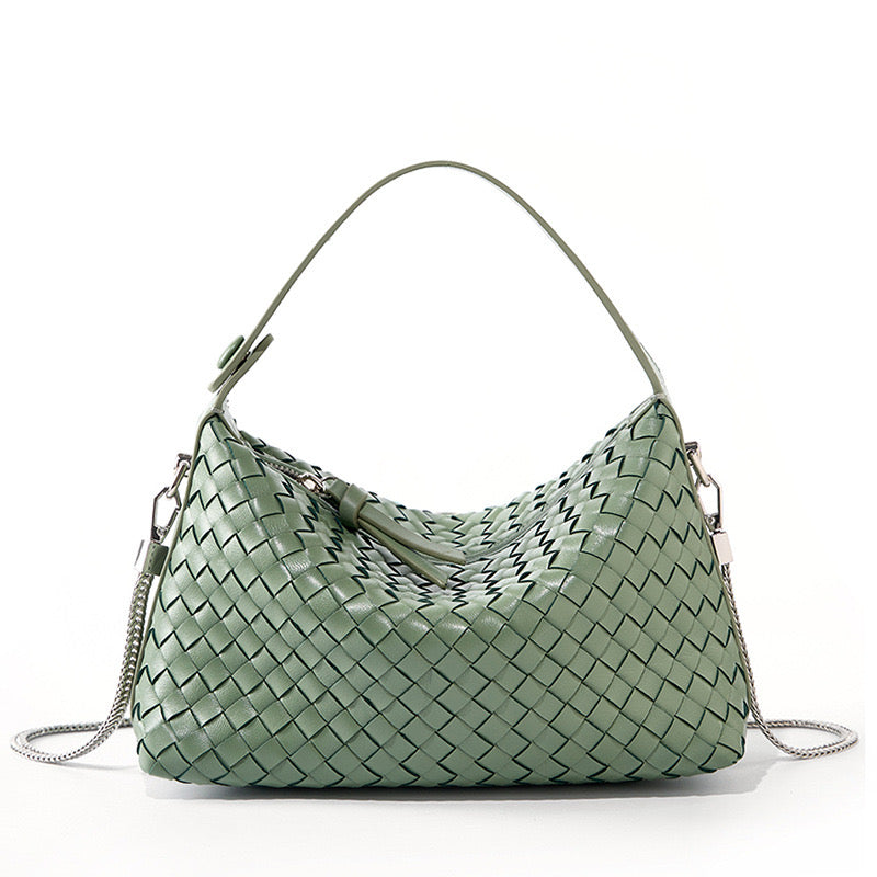 Women's Genuine Sheepskin Leather Woven Dumpling Clutch Bag with Chain Strap