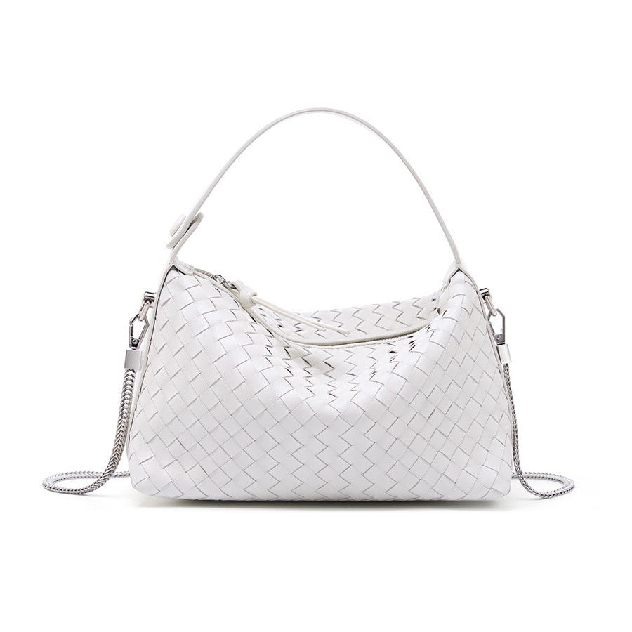 Women's Genuine Sheepskin Leather Woven Dumpling Clutch Bag with Chain Strap