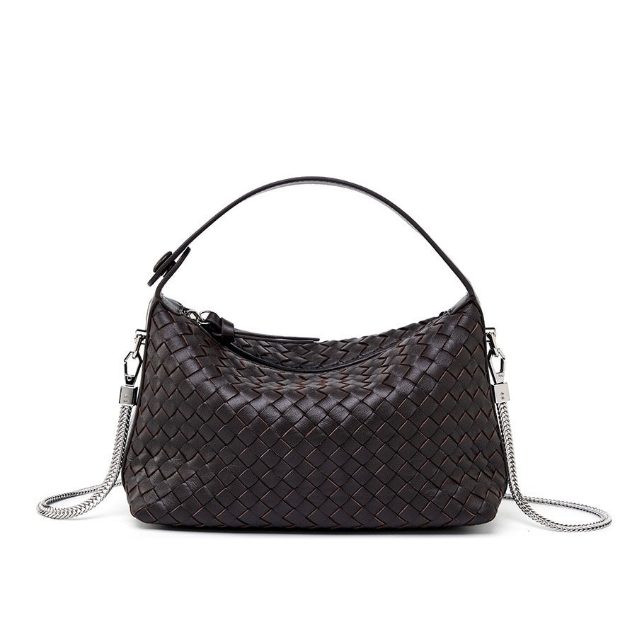 Women's Genuine Sheepskin Leather Woven Dumpling Clutch Bag with Chain Strap