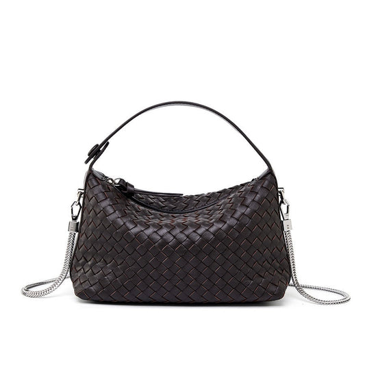 Women's Genuine Sheepskin Leather Woven Dumpling Clutch Bag with Chain Strap
